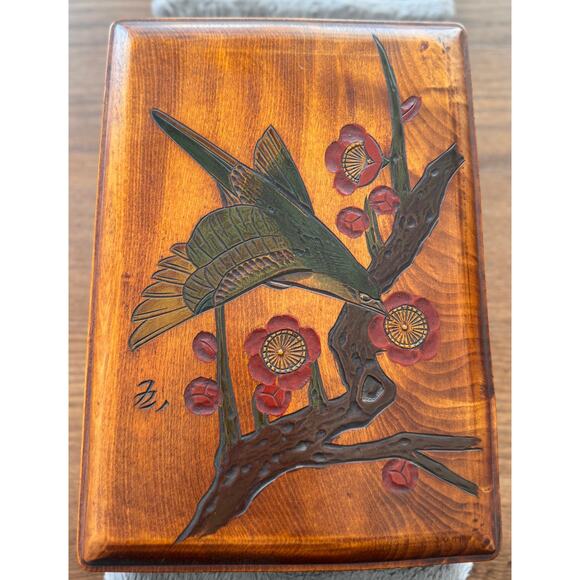 Vintage Japanese Urushi Lacquer Art Wooden Box, Handcarved Bird & Flower, Signed - Picture 8 of 16